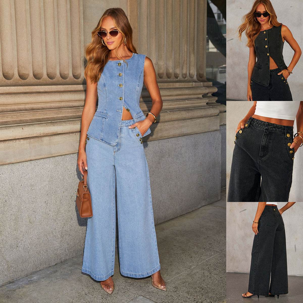 Denim Vest Suits Fashion Sleeveless Button Tops And Wide Leg Straight Pants With Pockets Women's Trousers Set - Odeita