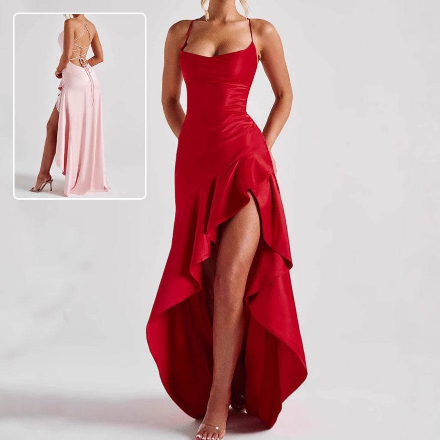 Women's Backless Ruffles Irregular Dress Summer Fashion Evening Party Club Split Suspender Maxi Dresses Clothing - Odeita