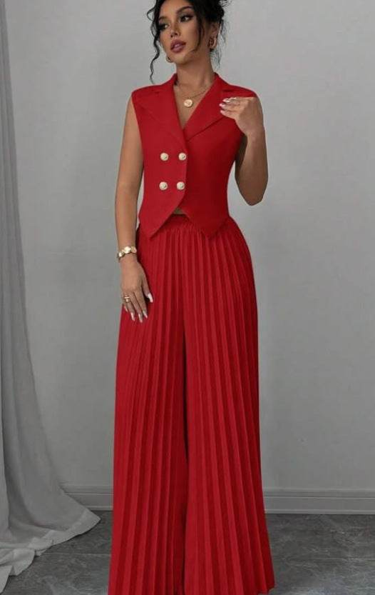 Summer Sleeveless Suit Fashion Lapel Button Vest Top And Pleated Straight Pants Women's Trousers Set Clothing - Odeita