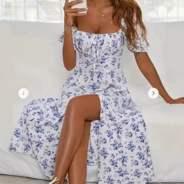 Floral Print Short Sleeve Split Dress Summer Fashion Lace-up Beach Long Dresses Women's Clothing - Odeita