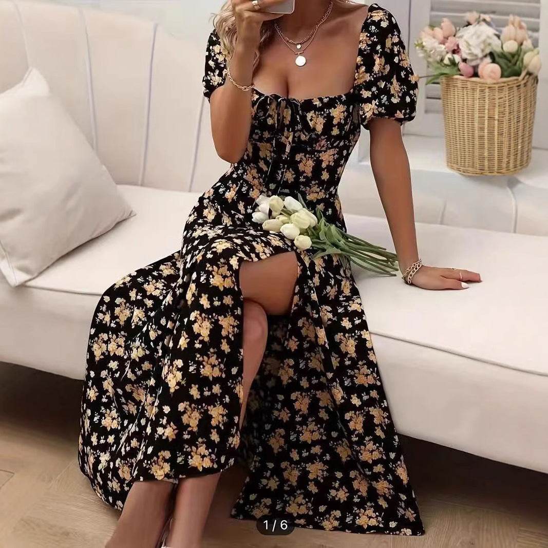 Floral Print Short Sleeve Split Dress Summer Fashion Lace-up Beach Long Dresses Women's Clothing - Odeita