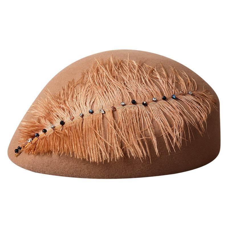 Autumn And Winter Retro Style Feather Decorative Wool Beret - Odeita