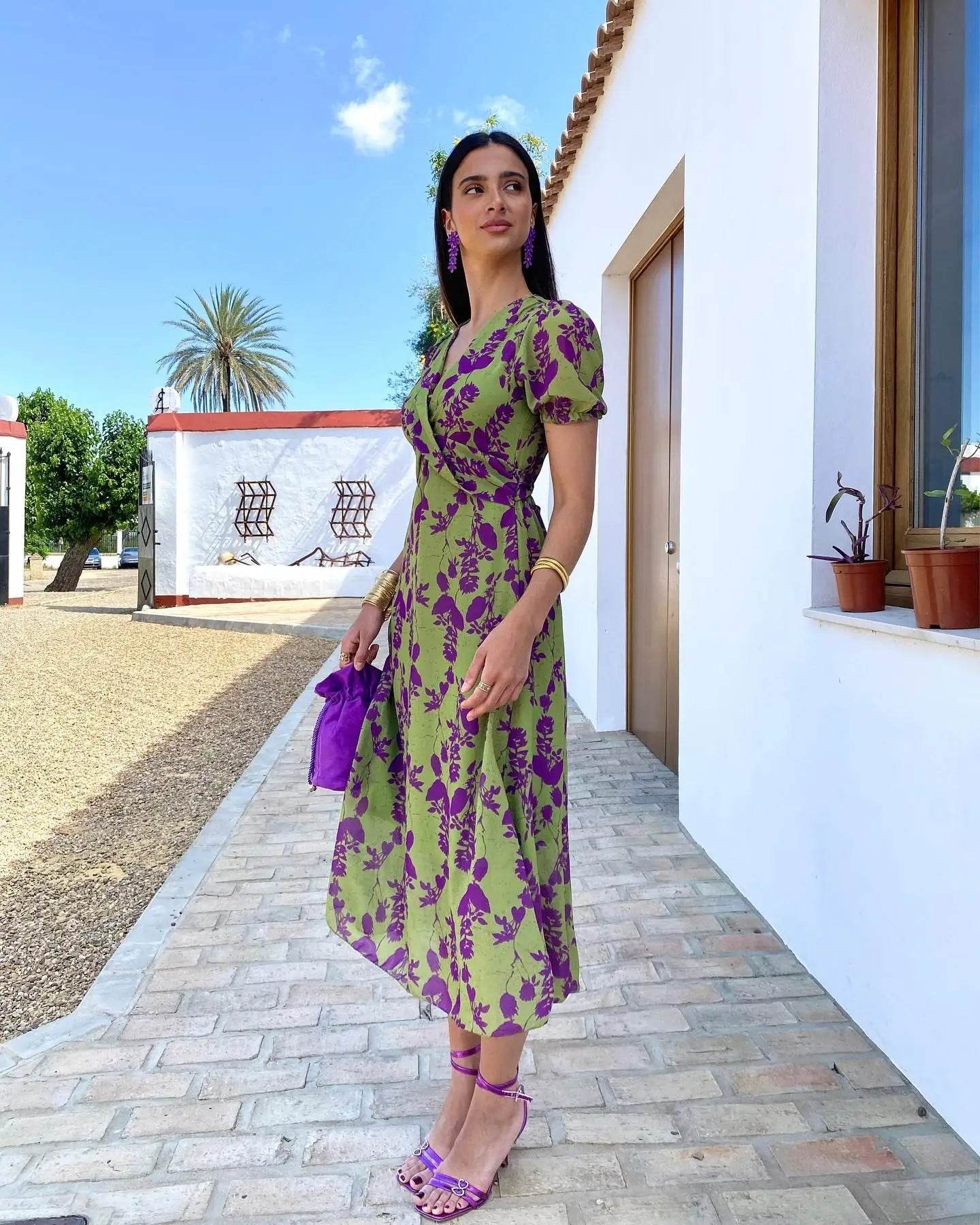 Top Selling V-neck Short Sleeved Dress - Floral Print Pleated Detail Women's Casual Summer Dress - Odeita