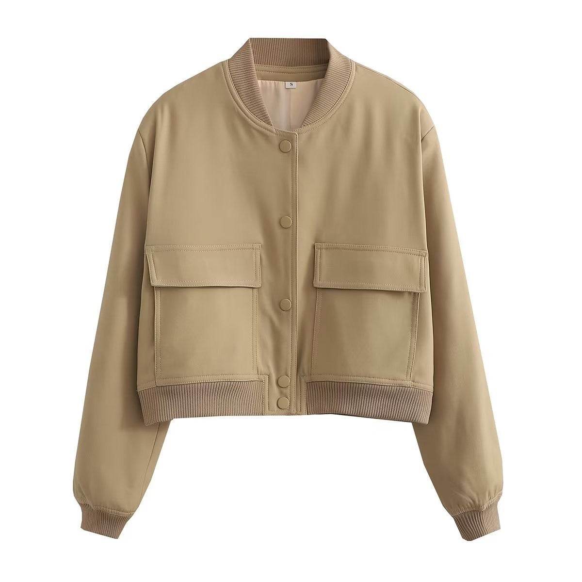 Casual Single-breasted Stand Collar Short Jacket With Pockets Fashion Long Sleeve Outwear Tops Coat For Womens Clothing - Odeita