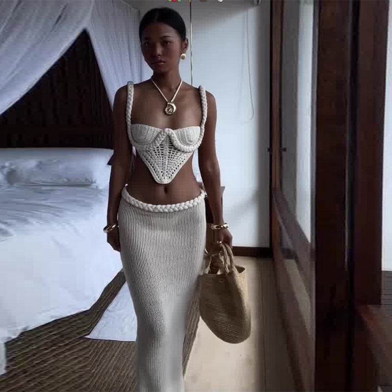 Y2K Crochet Knit 2 Piece Skirt Set Women's Square Collar Camisole Hip Skirt Hollow Out Strapless Tube Top Low Waist Bodycon Maxi Skirts Outfit - Odeita
