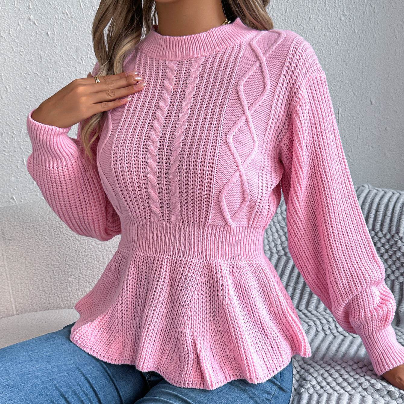 Twist Waist Trimming Ruffles Long Sleeve Pullover - Odeita