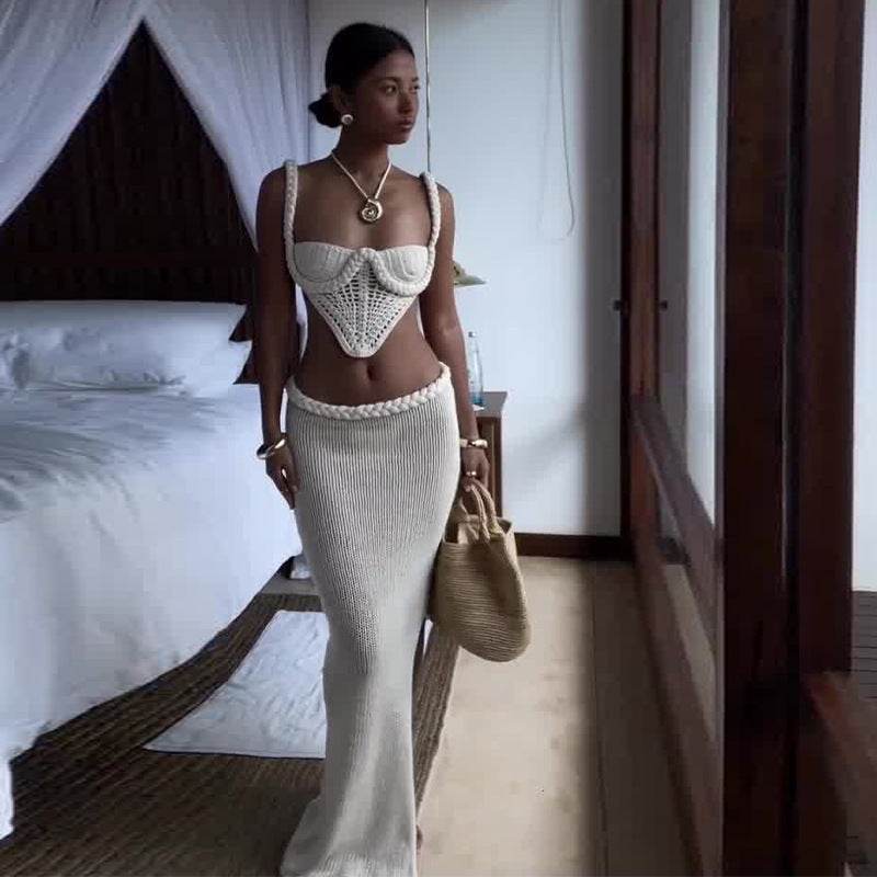 Y2K Crochet Knit 2 Piece Skirt Set Women's Square Collar Camisole Hip Skirt Hollow Out Strapless Tube Top Low Waist Bodycon Maxi Skirts Outfit - Odeita
