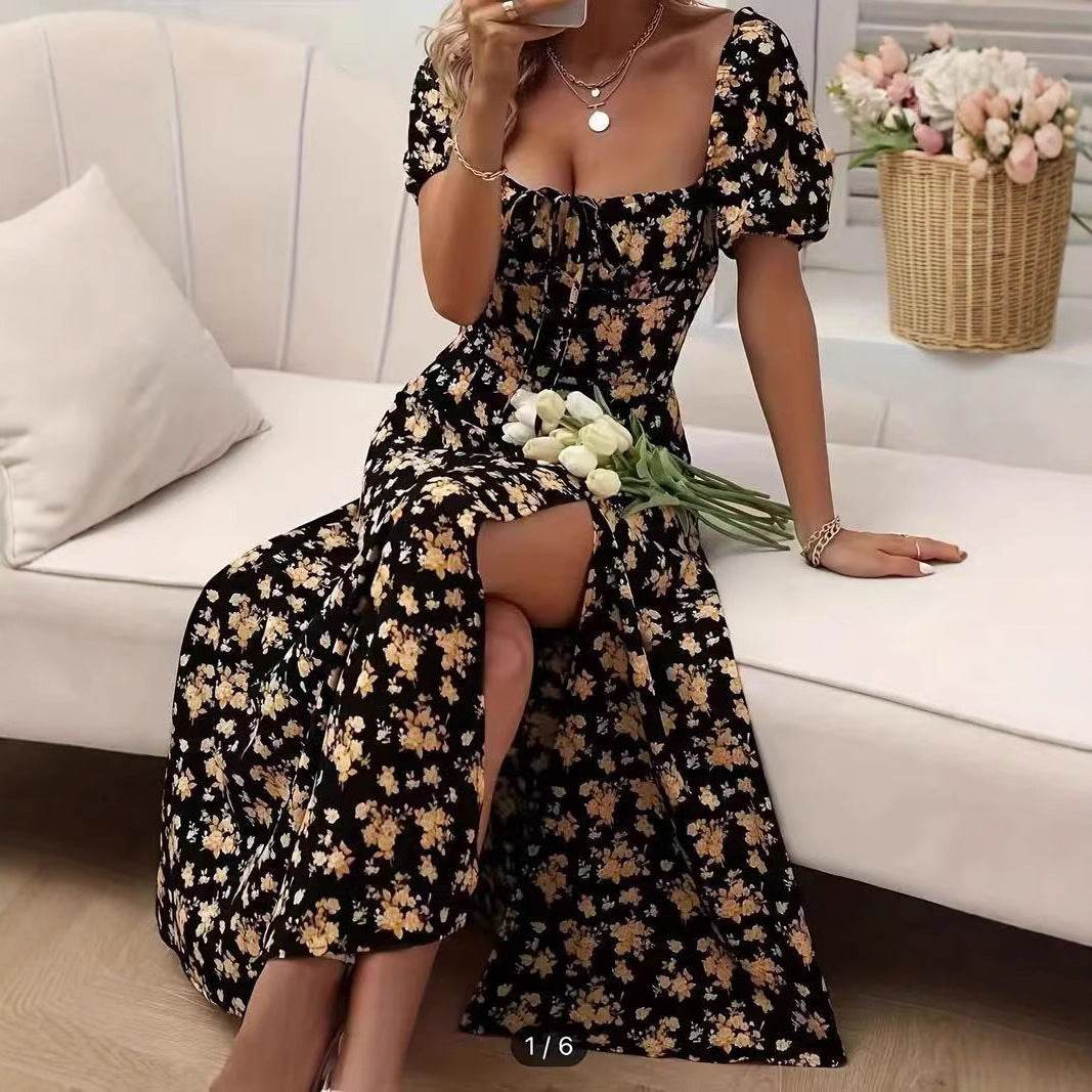 Floral Print Short Sleeve Split Dress Summer Fashion Lace-up Beach Long Dresses Women's Clothing - Odeita
