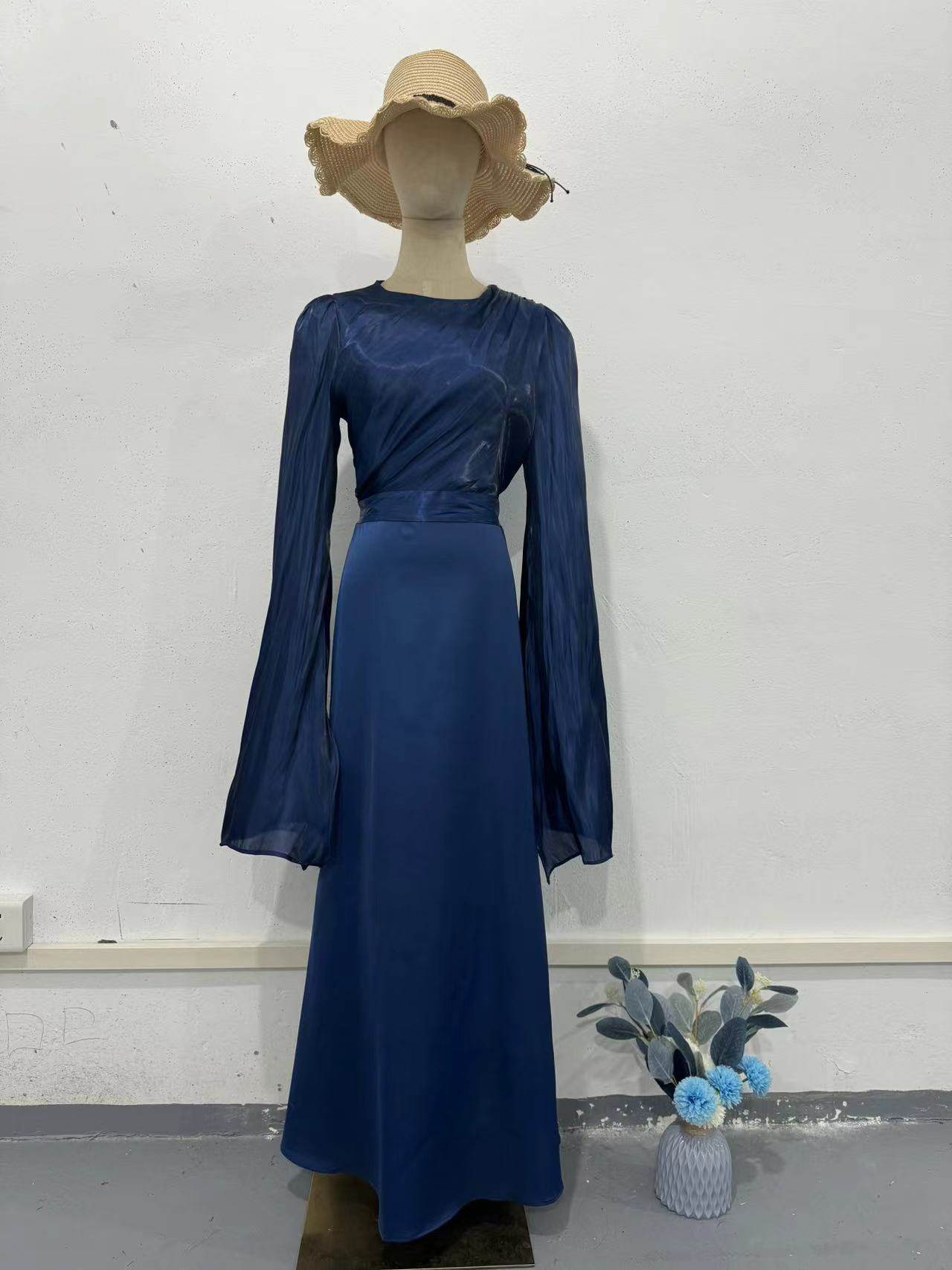 Elegant Summer Sleeve Contrast Chiffon & Satin Maxi Dress With Flared Cuffs - Slim Fit Long Dress For Women - Odeita