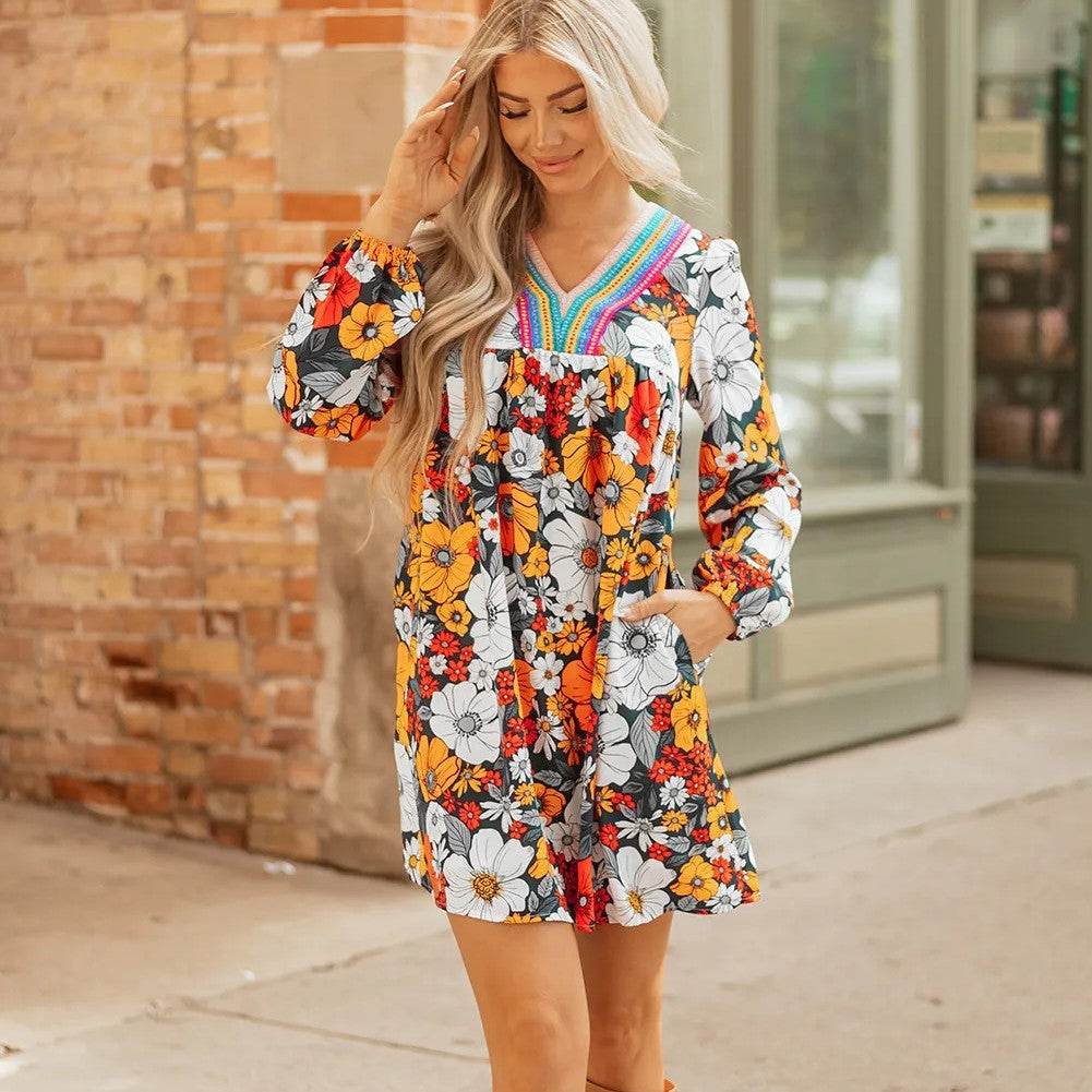 Orange Floral Print Striped Lace V Neck Long Sleeve Mini Dress - Odeita