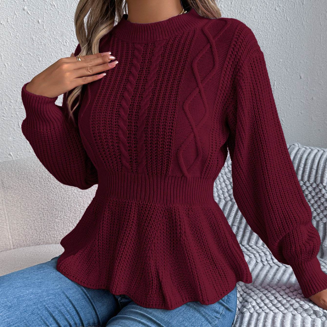 Twist Waist Trimming Ruffles Long Sleeve Pullover - Odeita