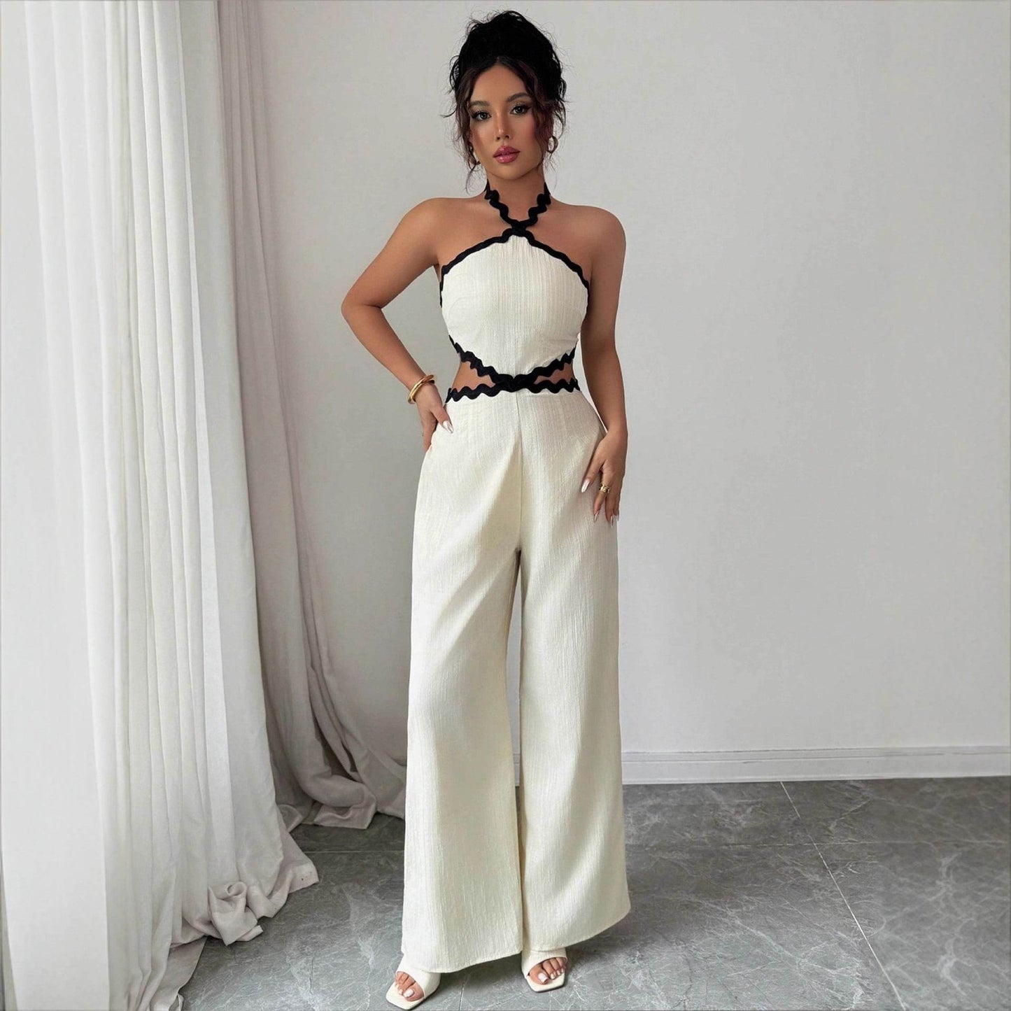 Women's Fashionable Wave Lace Texture Halter Stitching Hollow-out Jumpsuit - Odeita