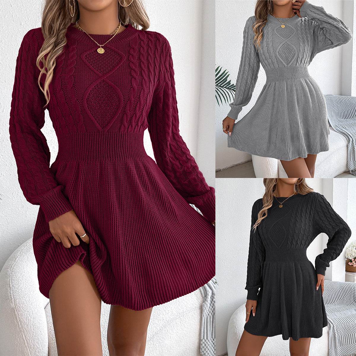 Solid Color Twist Fitted Waist Lantern Long Sleeve Sweater Dress - Odeita