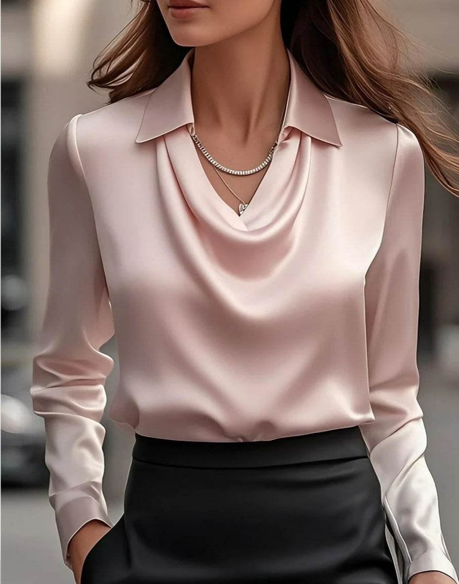 Women's Swing Collar Draped Shirts & Blouses Elegant Solid Satin Office Ladies Top Pullover Spring Long Sleeve Casual Tops - Odeita