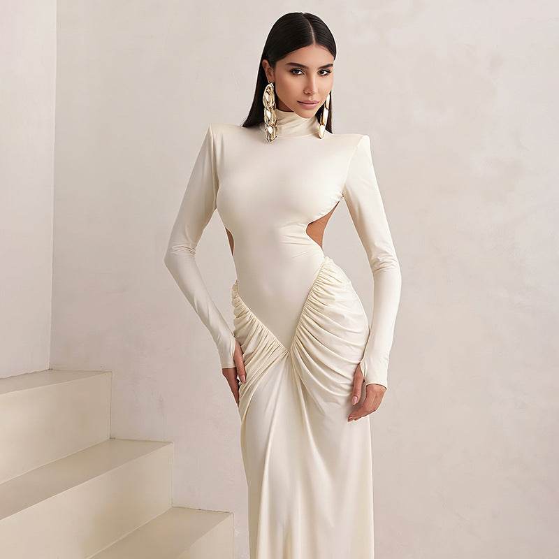 Long Sleeve High Collar Temperament Slim Fit Pleated Backless Dress - Odeita