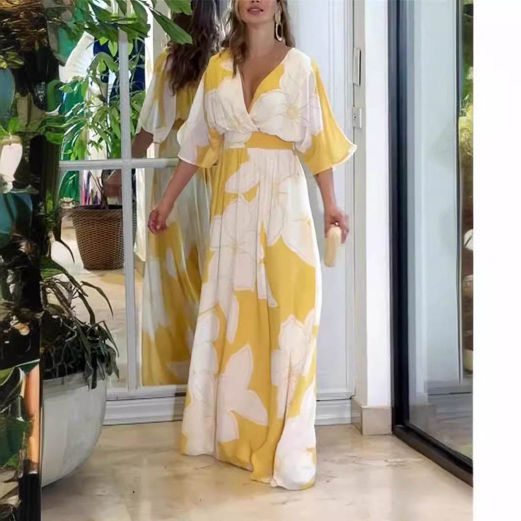 Flower Printed V-neck Batwing-sleeved Dress Fashion Elegant Backless Long Dresses Women's Clothing - Odeita