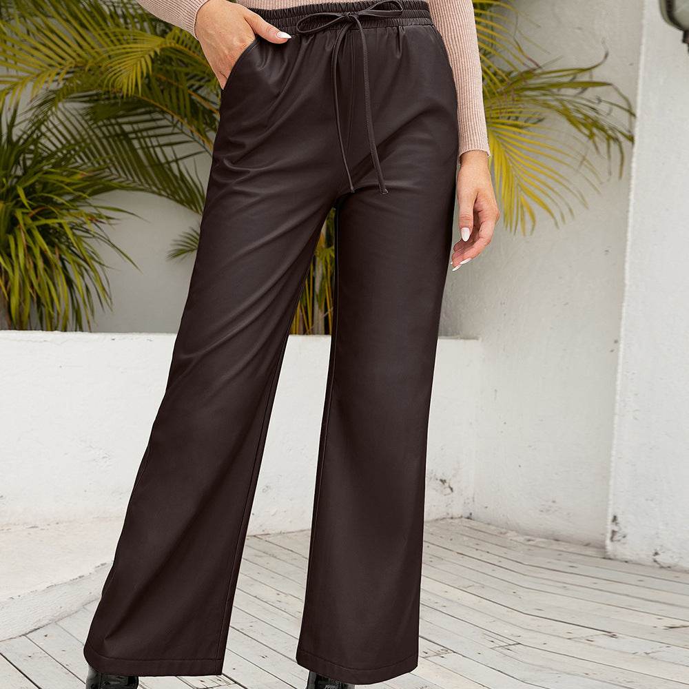 High Waist PU Loose Trousers Motorcycle Leather Straight Wide Leg Leather Pants For Women - Odeita