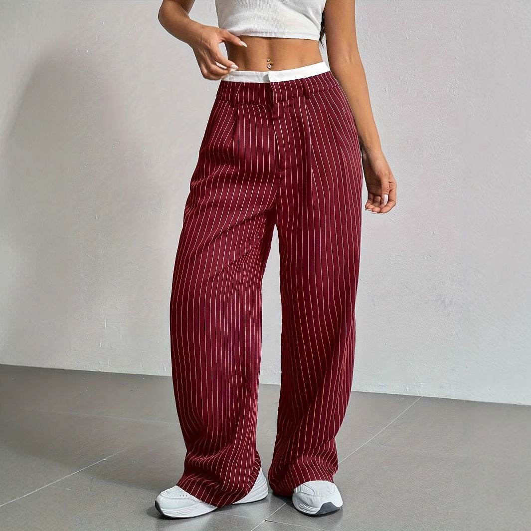 Stripe Printed Trousers Fashion High Waist Straight Leg Pants With Pocket Zipper Casual Suit Pants For Women - Odeita