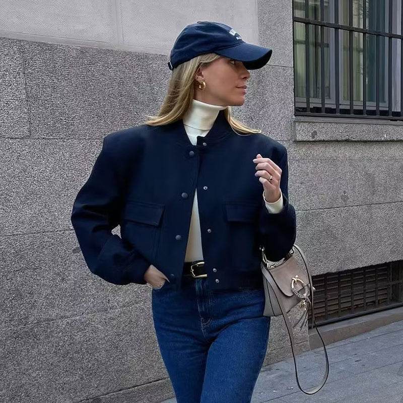 Casual Single-breasted Stand Collar Short Jacket With Pockets Fashion Long Sleeve Outwear Tops Coat For Womens Clothing - Odeita