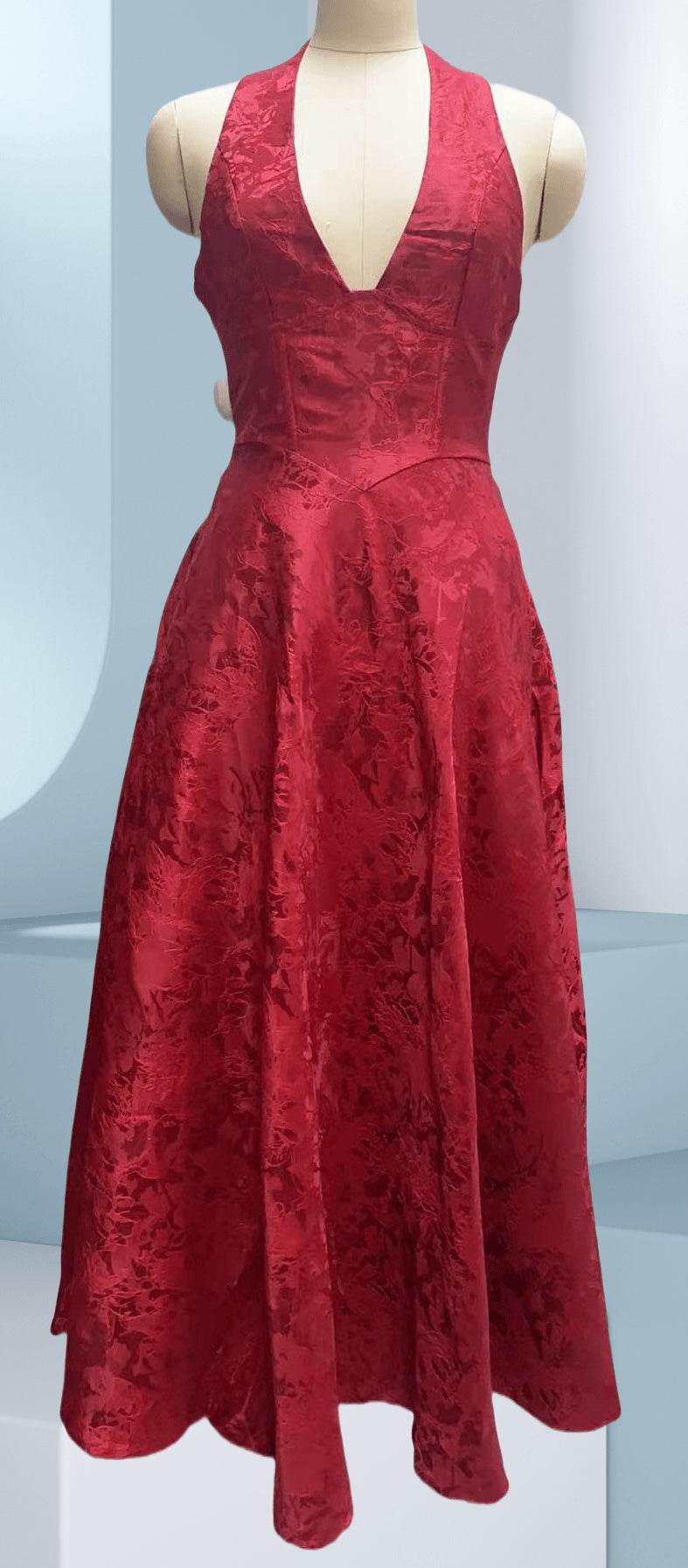 Elegant V-Neck Halter Floral Jacquard Evening Dress - Backless Sleeveless A-Line Gown With Waist Accent For Women - Odeita