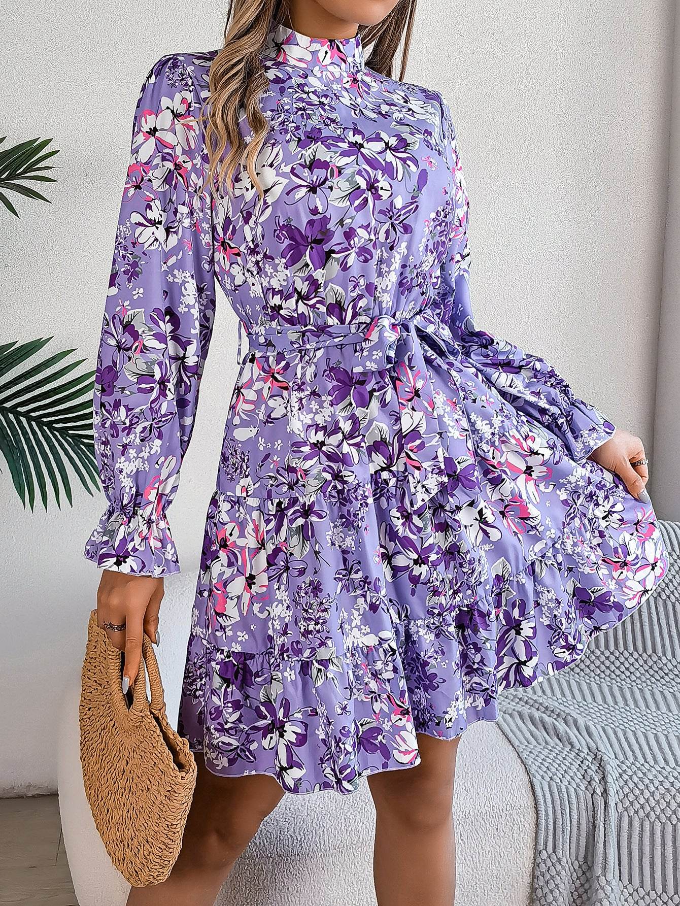 Standing Collar Floral Print Waist-controlled Long Sleeves Ruffled A-line Dresses For Women Spring Autumn Ruffle Edge Long Dress - Odeita