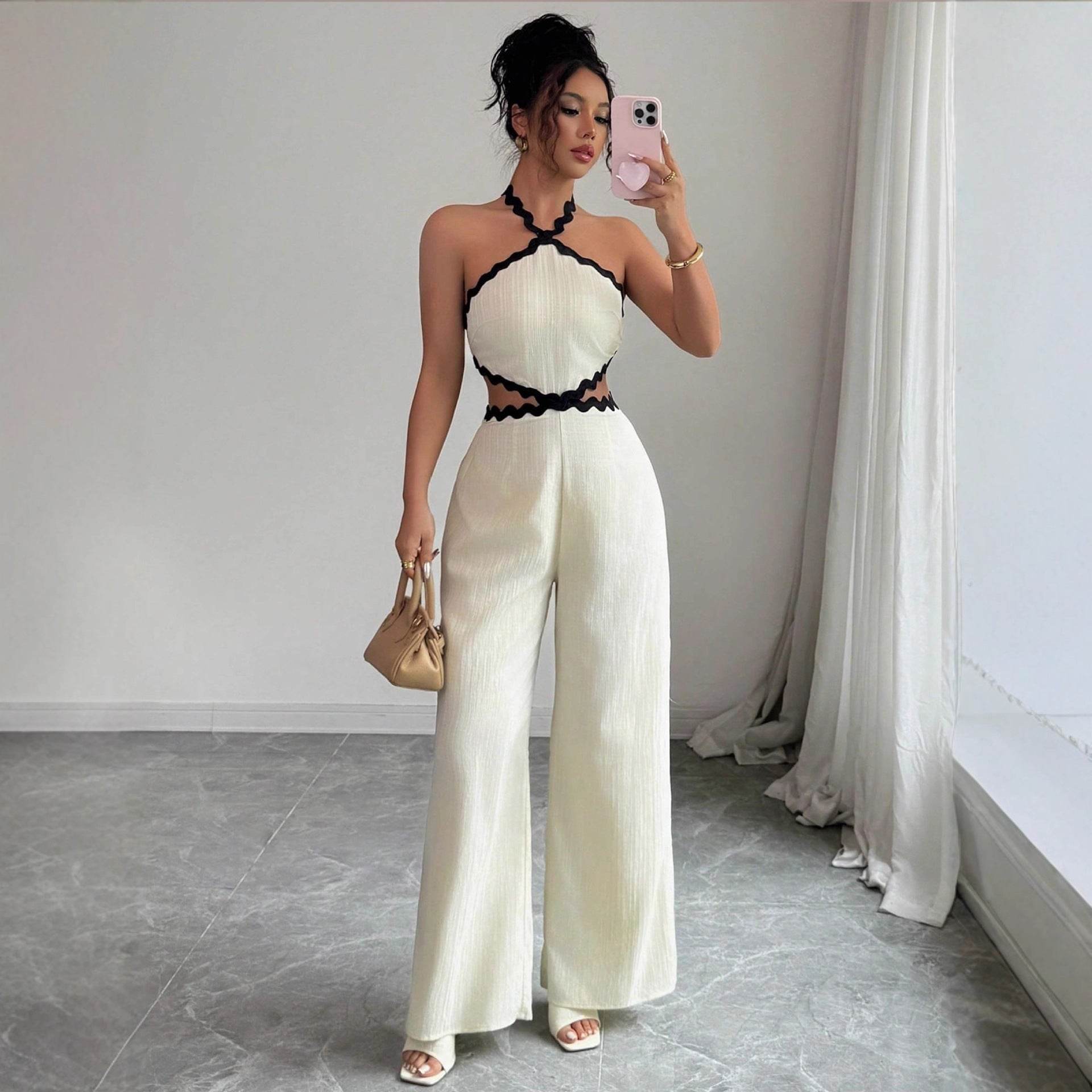Women's Fashionable Wave Lace Texture Halter Stitching Hollow-out Jumpsuit - Odeita