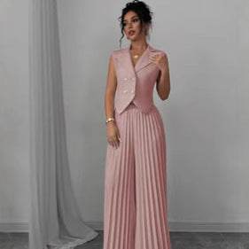 Summer Sleeveless Suit Fashion Lapel Button Vest Top And Pleated Straight Pants Women's Trousers Set Clothing - Odeita