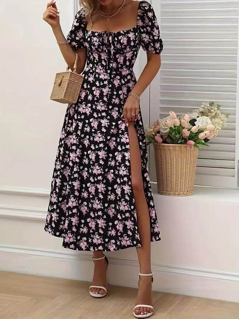 Floral Print Short Sleeve Split Dress Summer Fashion Lace-up Beach Long Dresses Women's Clothing - Odeita
