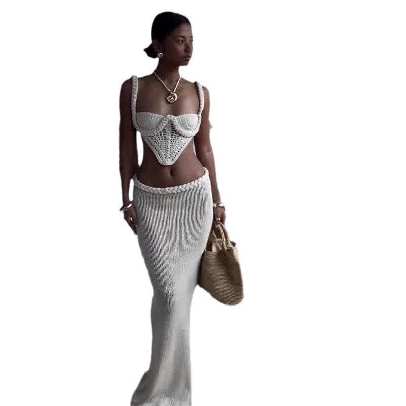 Y2K Crochet Knit 2 Piece Skirt Set Women's Square Collar Camisole Hip Skirt Hollow Out Strapless Tube Top Low Waist Bodycon Maxi Skirts Outfit - Odeita