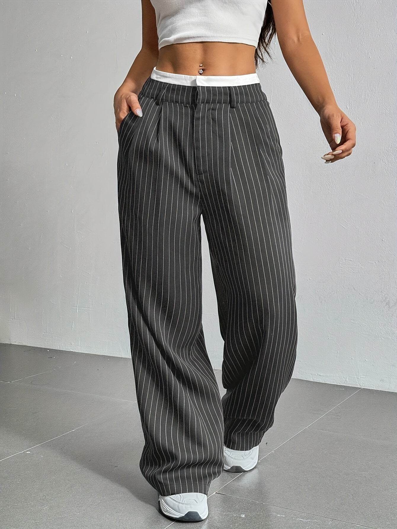 Stripe Printed Trousers Fashion High Waist Straight Leg Pants With Pocket Zipper Casual Suit Pants For Women - Odeita