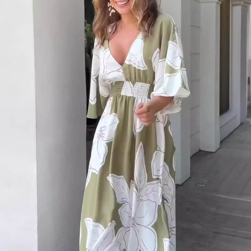 Flower Printed V-neck Batwing-sleeved Dress Fashion Elegant Backless Long Dresses Women's Clothing - Odeita