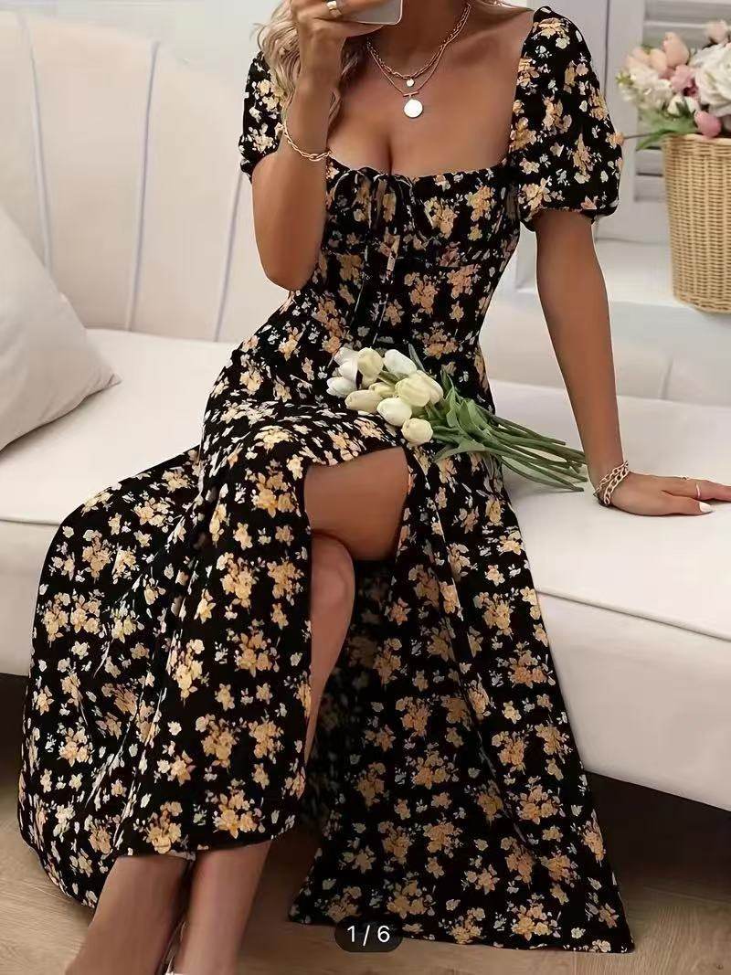 Floral Print Short Sleeve Split Dress Summer Fashion Lace-up Beach Long Dresses Women's Clothing - Odeita