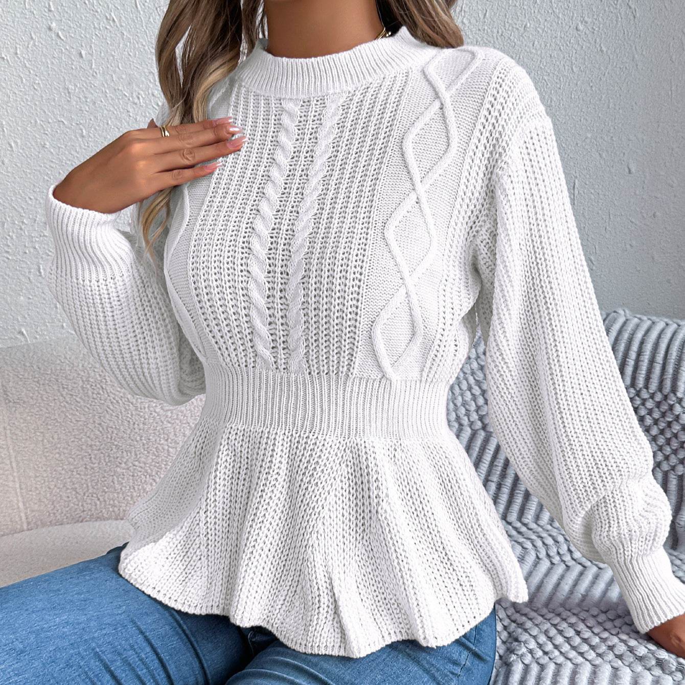 Twist Waist Trimming Ruffles Long Sleeve Pullover - Odeita