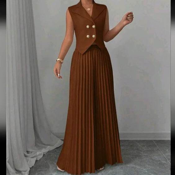 Summer Sleeveless Suit Fashion Lapel Button Vest Top And Pleated Straight Pants Women's Trousers Set Clothing - Odeita