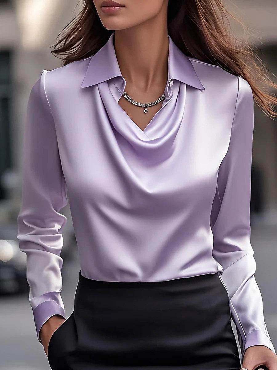 Women's Swing Collar Draped Shirts & Blouses Elegant Solid Satin Office Ladies Top Pullover Spring Long Sleeve Casual Tops - Odeita