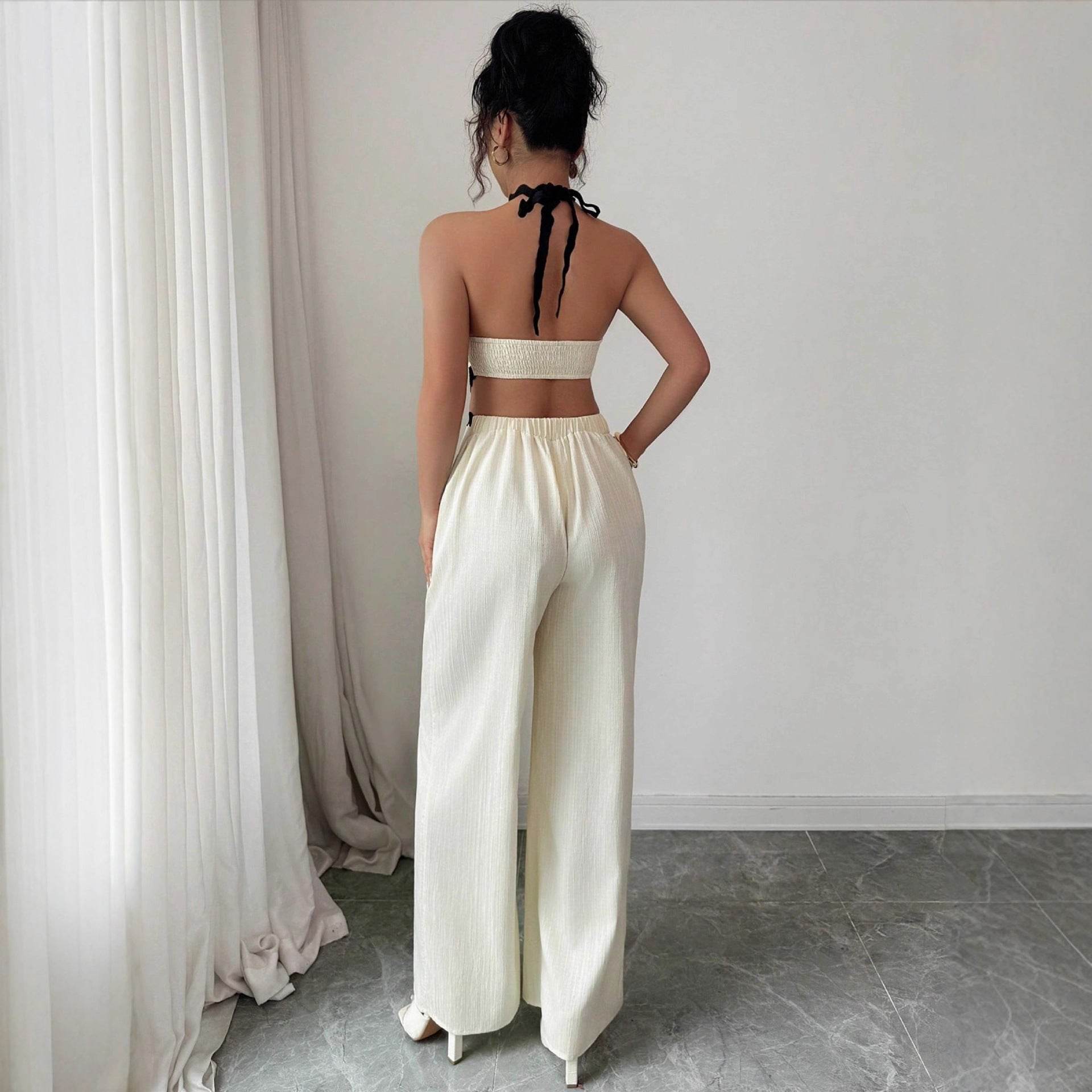 Women's Fashionable Wave Lace Texture Halter Stitching Hollow-out Jumpsuit - Odeita