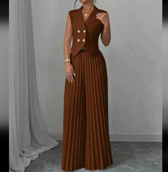 Summer Sleeveless Suit Fashion Lapel Button Vest Top And Pleated Straight Pants Women's Trousers Set Clothing - Odeita
