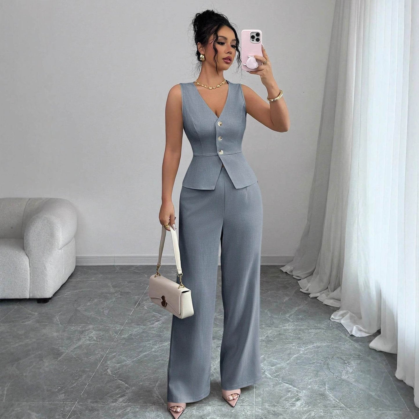 Solid Color Sleeveless Slim Fit Vest High Waist Trousers Two-piece Set - Odeita
