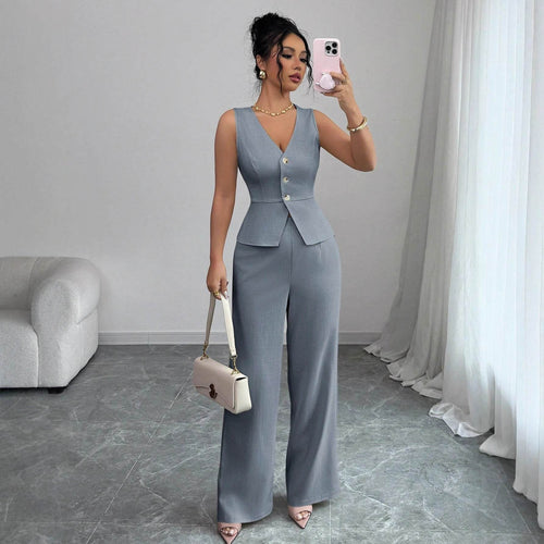 Solid Color Sleeveless Slim Fit Vest High Waist Trousers Two-piece Set - Odeita