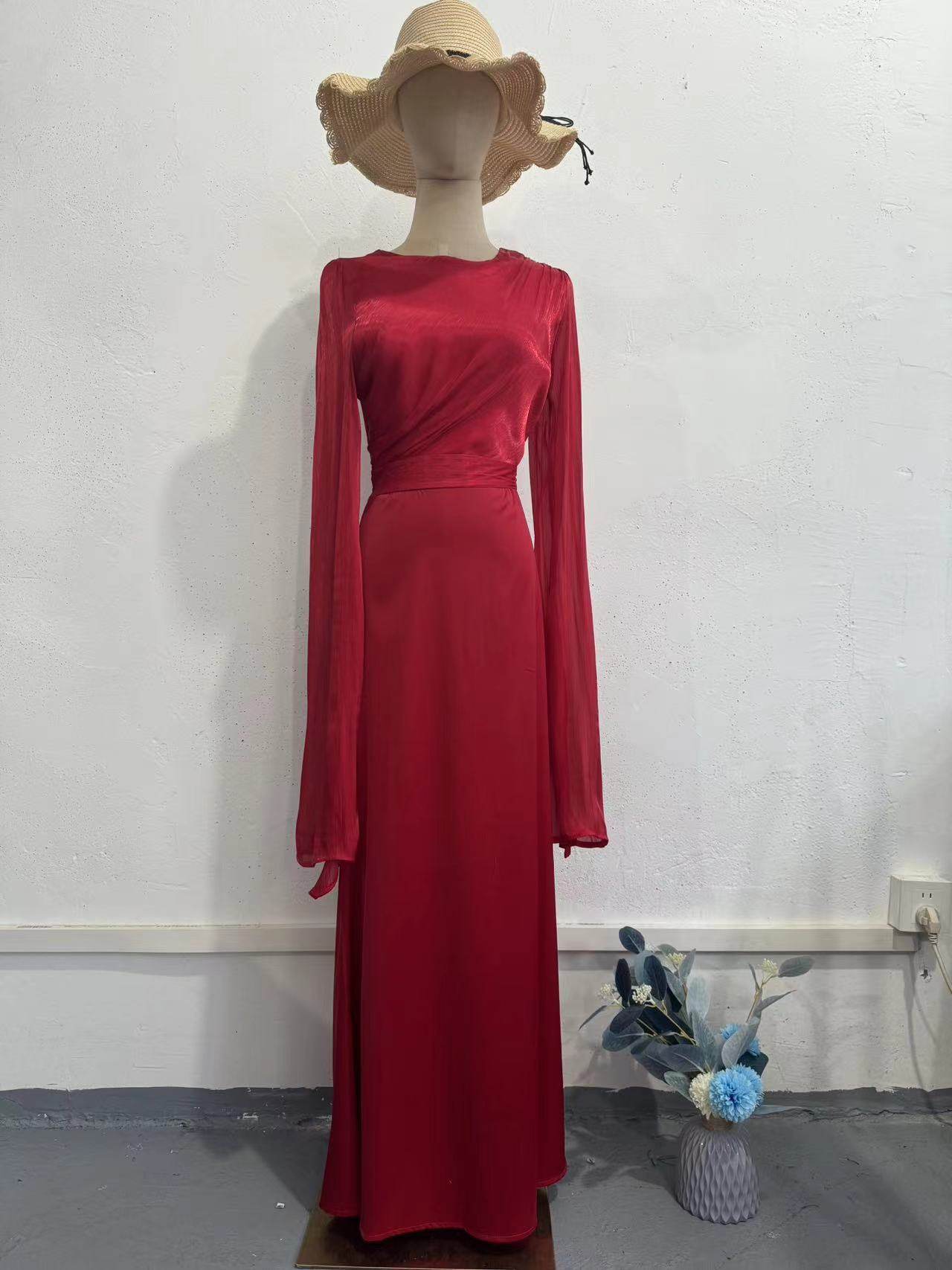 Elegant Summer Sleeve Contrast Chiffon & Satin Maxi Dress With Flared Cuffs - Slim Fit Long Dress For Women - Odeita