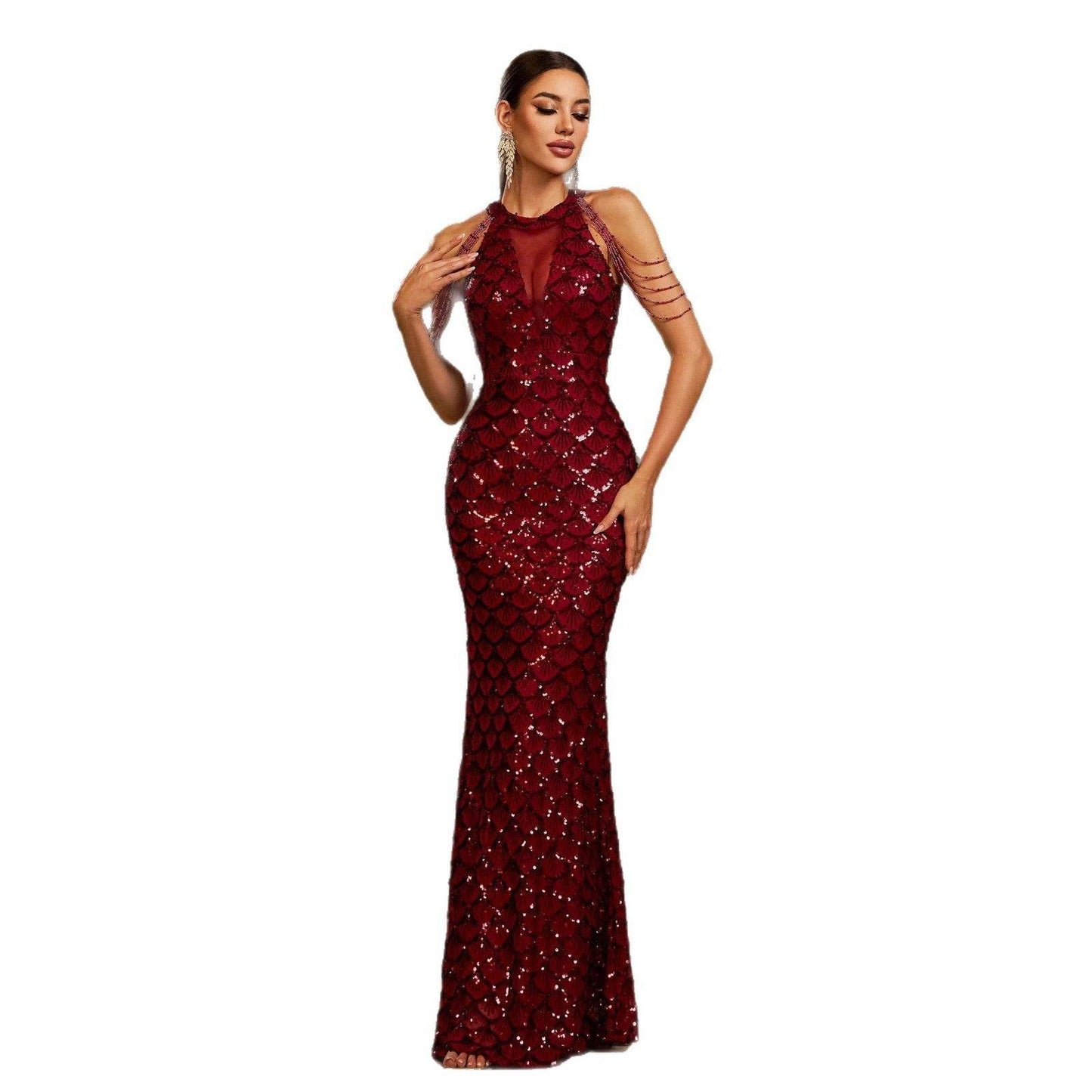 Elegant Sleeveless Round Neck Sequins Slim Sheath Banquet Fishtail Dress - Odeita