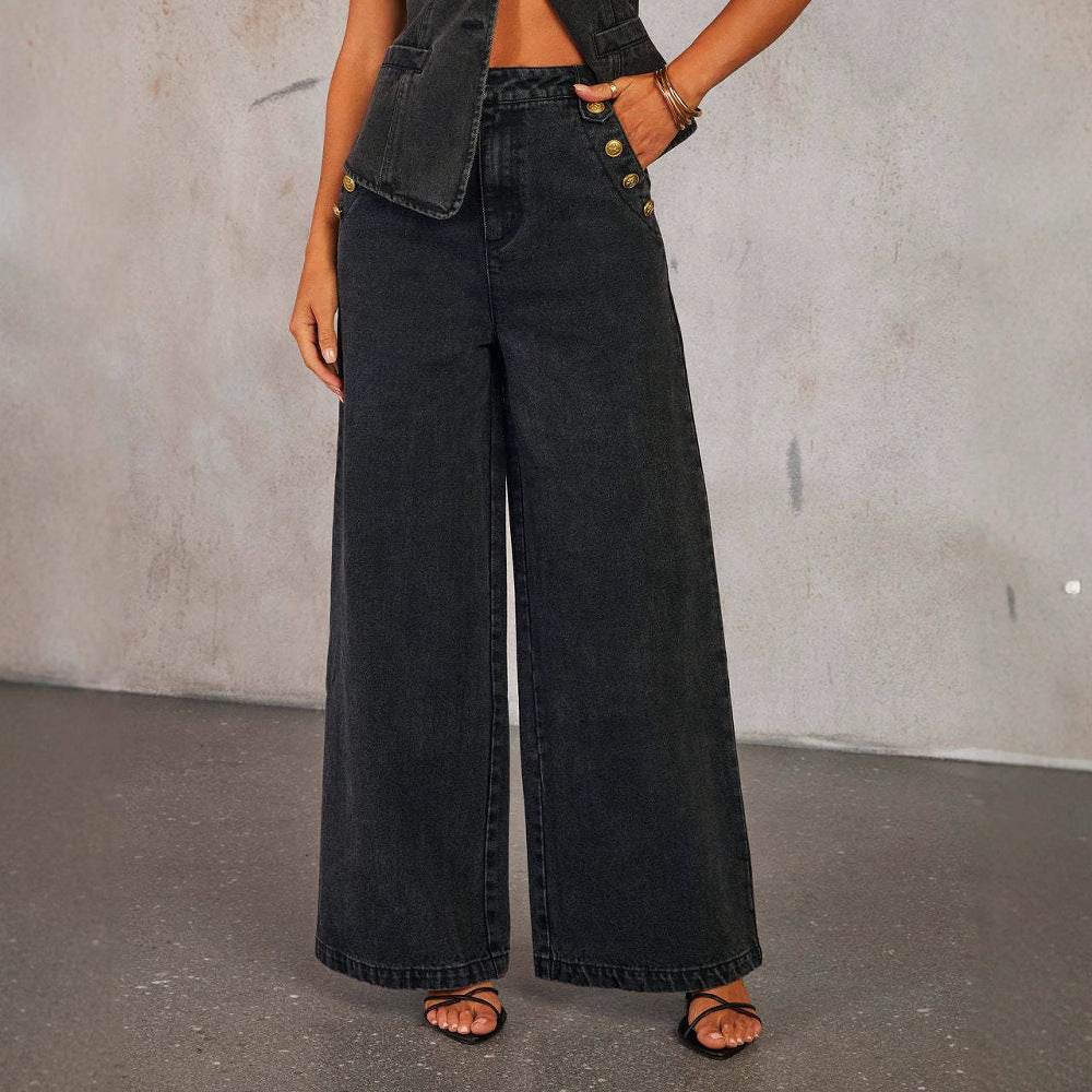 Denim Vest Suits Fashion Sleeveless Button Tops And Wide Leg Straight Pants With Pockets Women's Trousers Set - Odeita