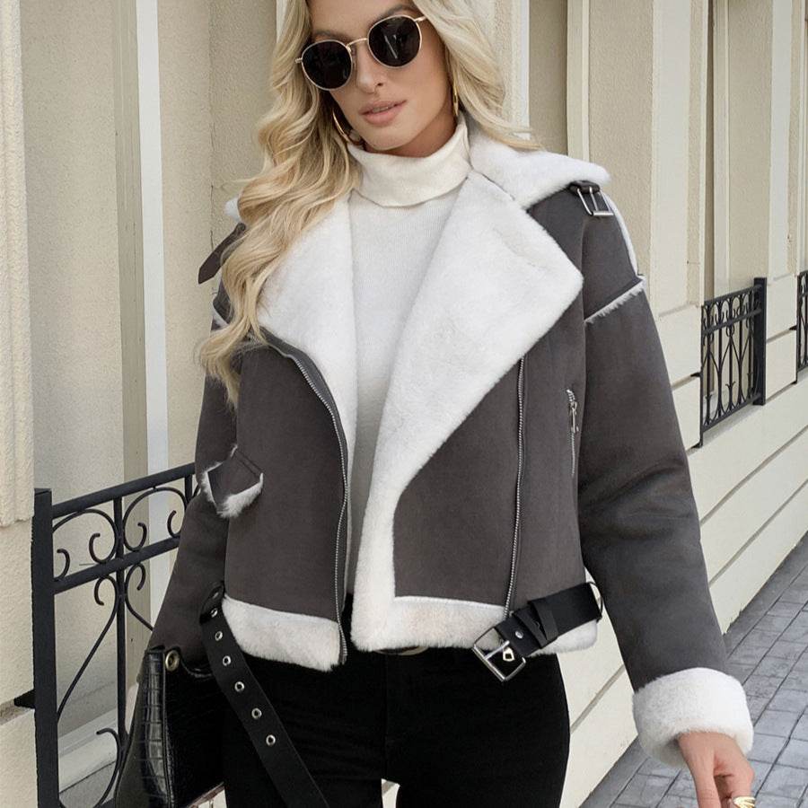 Women's Casual Fashion Polo Collar Plush Jacket Coat - Odeita