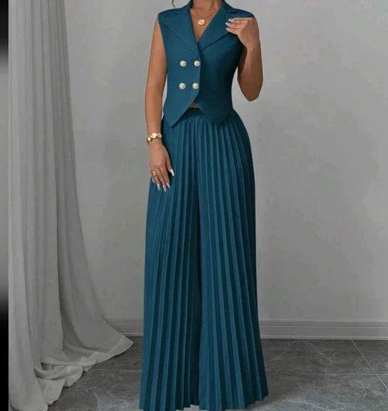 Summer Sleeveless Suit Fashion Lapel Button Vest Top And Pleated Straight Pants Women's Trousers Set Clothing - Odeita