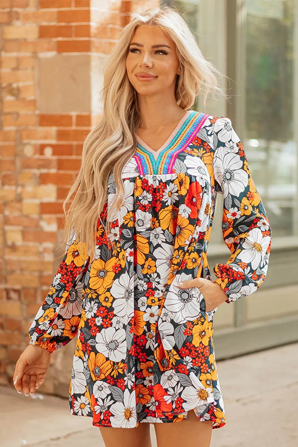Orange Floral Print Striped Lace V Neck Long Sleeve Mini Dress - Odeita