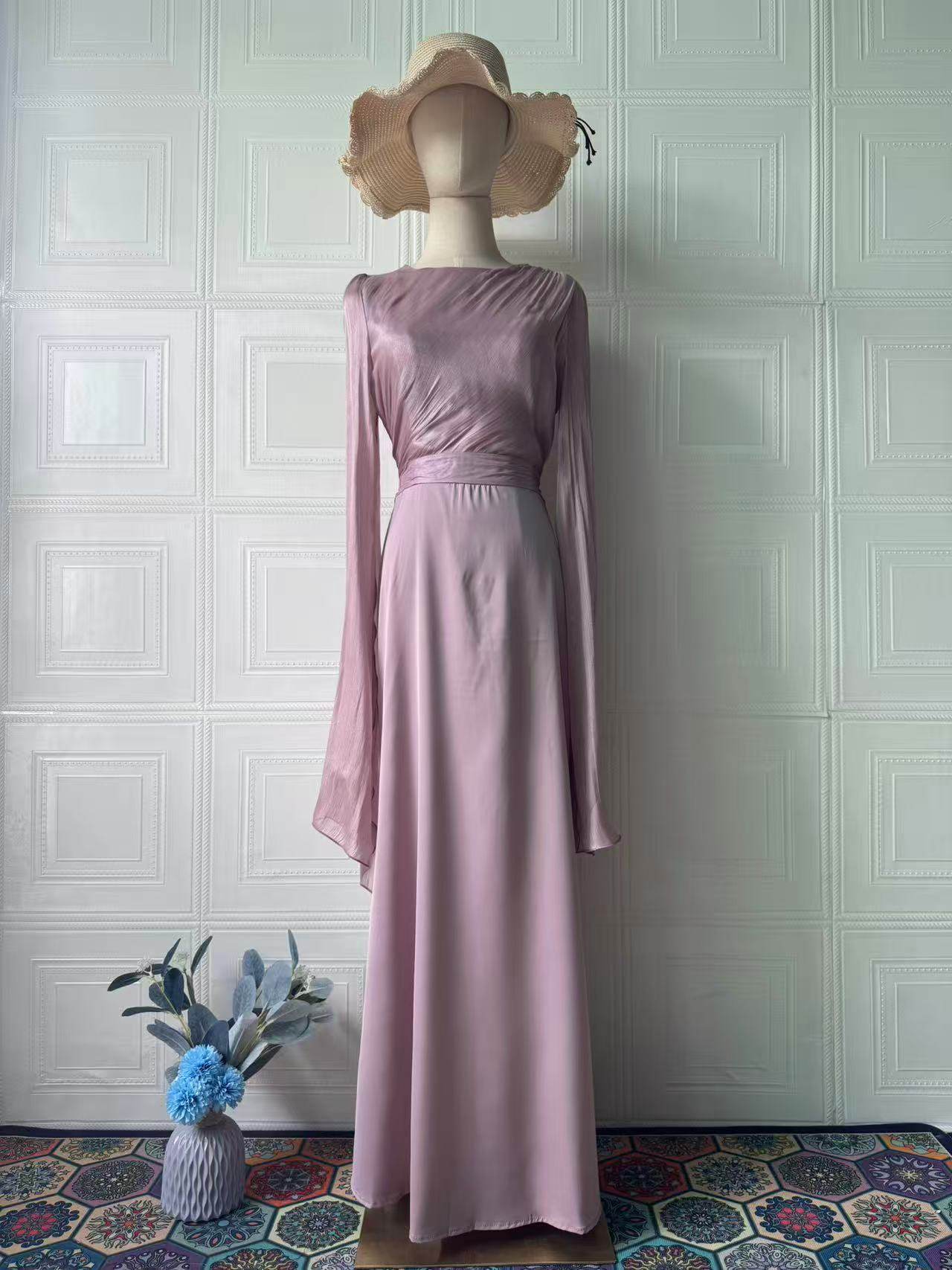 Elegant Summer Sleeve Contrast Chiffon & Satin Maxi Dress With Flared Cuffs - Slim Fit Long Dress For Women - Odeita