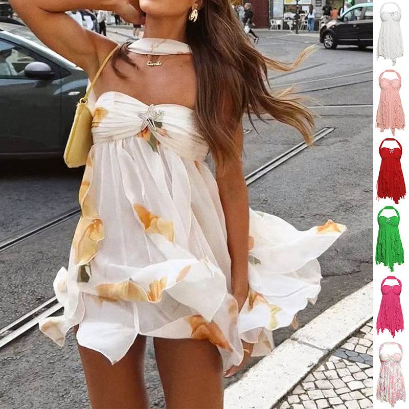 Ins Halter Neck Backless Dress Summer Sexy Printed Irregular Mesh Short Dresses For Evening Party Club Women's Clothing - Odeita