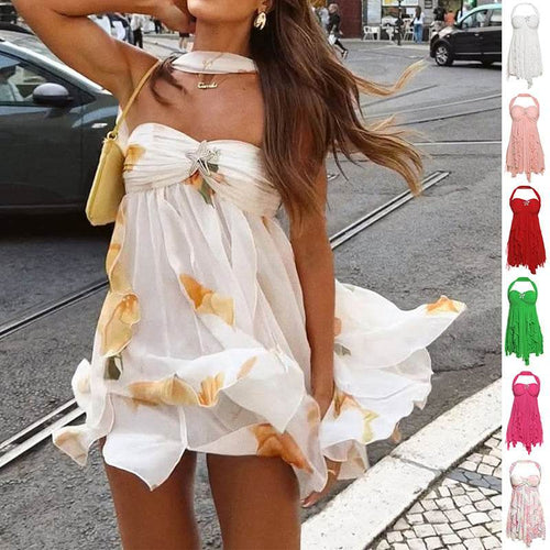 Ins Halter Neck Backless Dress Summer Sexy Printed Irregular Mesh Short Dresses For Evening Party Club Women's Clothing - Odeita