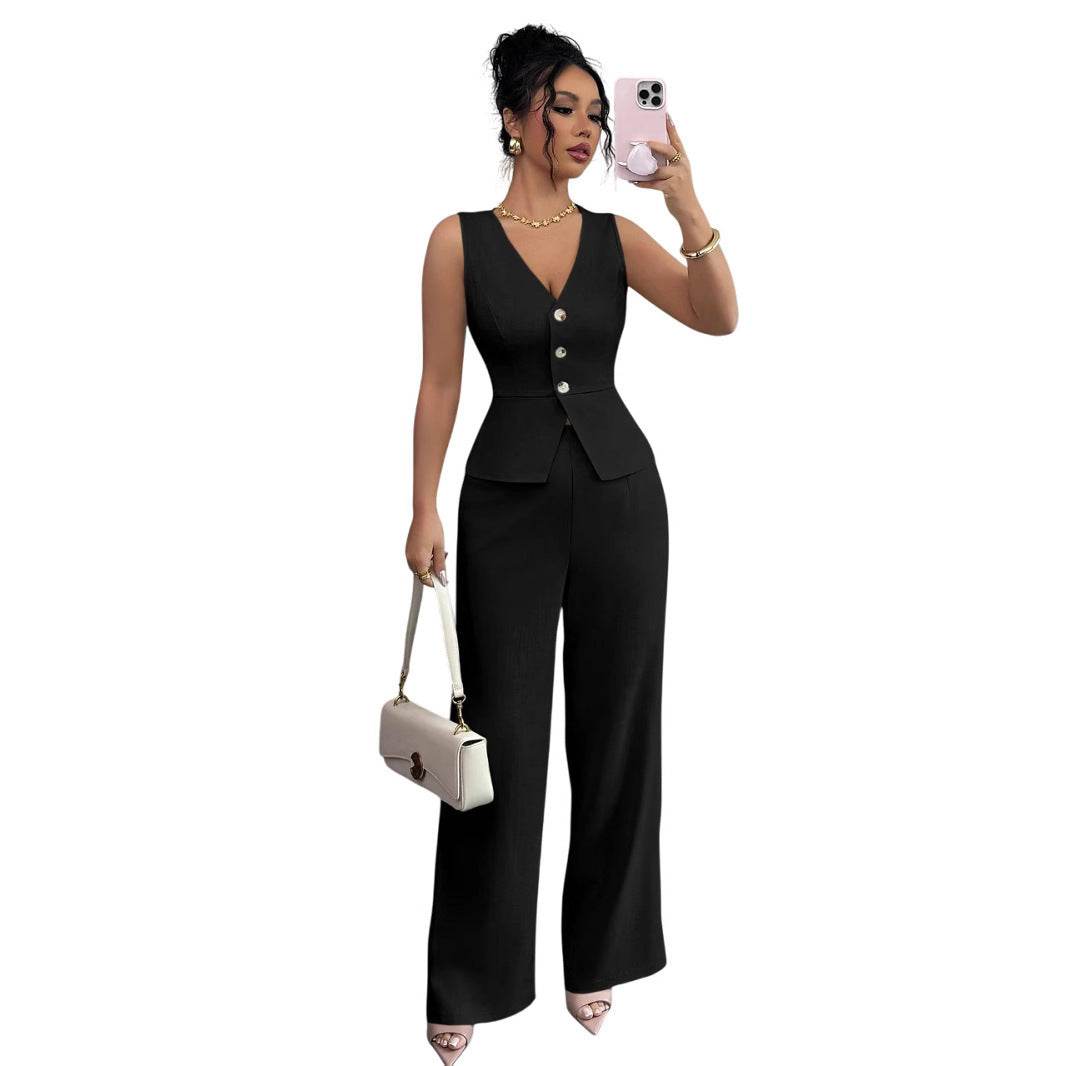 Solid Color Sleeveless Slim Fit Vest High Waist Trousers Two-piece Set - Odeita