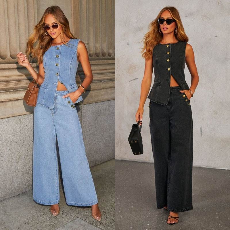 Denim Vest Suits Fashion Sleeveless Button Tops And Wide Leg Straight Pants With Pockets Women's Trousers Set - Odeita